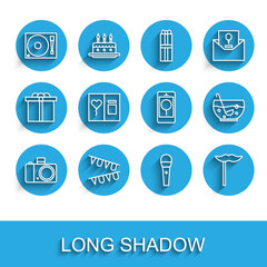 Set line Photo camera, Carnival garland with flags, Vinyl player vinyl disk, Karaoke microphone, Paper mustache stick, Greeting card, Mixed punch bowl and Mobile birthday message icon. Vector