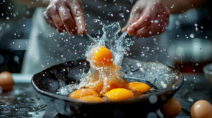 Cracking Fresh Eggs with Water Splash in a Dark Kitchen Setting