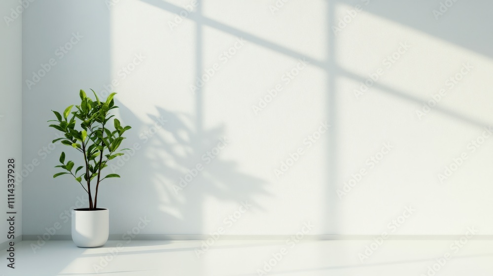 Poster indoor minimalist plant in white pot with natural light and soft shadows creating a tranquil atmosph