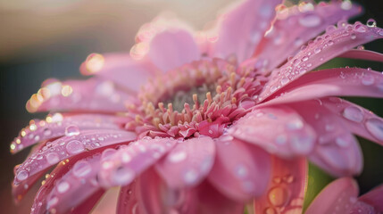 Intricate close-up shot of a blooming flower, every petal vibrant, with droplets of water adding a fresh feel