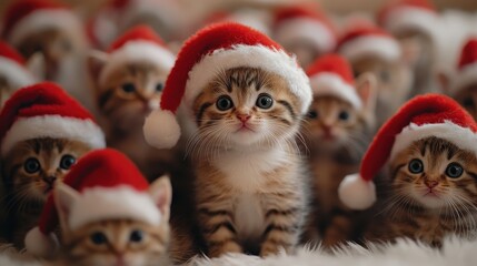 A lot of happy little baby kitten in santa claua hat set up like a Christmas tree. Cat enjoys Christmas.