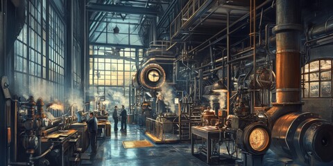 Steampunk Industrial Revolution Factory Interior: A Masterpiece of Victorian Era Engineering and Innovation