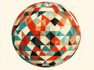 Obraz premium Abstract Geometric Sphere with Vibrant Triangles in Red, Teal, and Cream Colors Displaying Modern Art Style Ideal for Background or Design Projects