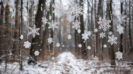 Fototapeta premium Light snow with unique snowflake shapes, softly blanketing a peaceful forest