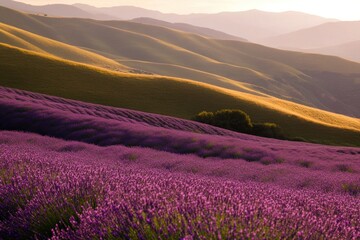Naklejka premium Lavender Fields Rolling Hills Sunset Landscape
