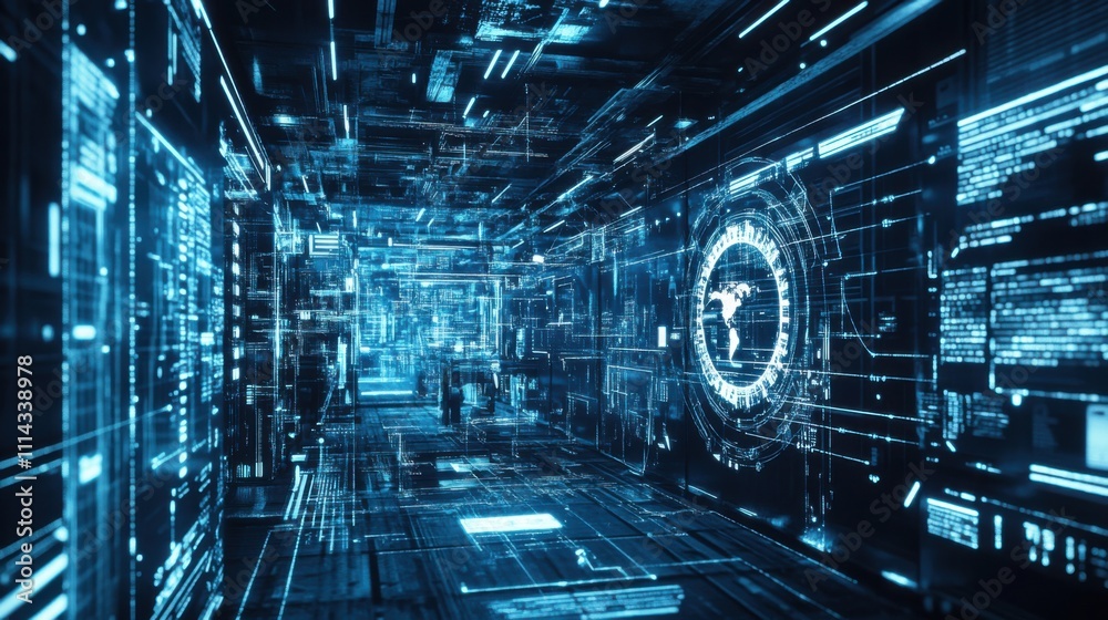 Poster futuristic digital corridor illuminated with neon lights and intricate data patterns