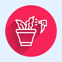 White line Spraying a house plant with a spray gun icon isolated with long shadow. Moistening of foliage. Care for home flowers. Red circle button. Vector
