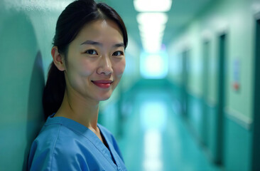 Fototapeta premium Portrait woman Doctor Background of corridor hallway in Hospital. AI-Generated