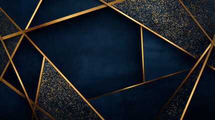Luxurious abstract design with golden geometric lines over a deep navy blue textured background, accented by shimmering gold specks. AI generative.