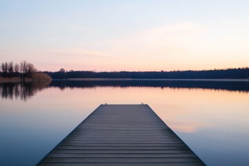 Serene Sunset Over Calm Lake With Wooden Dock