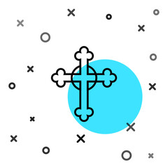 Black line Christian cross icon isolated on white background. Church cross. Random dynamic shapes. Vector