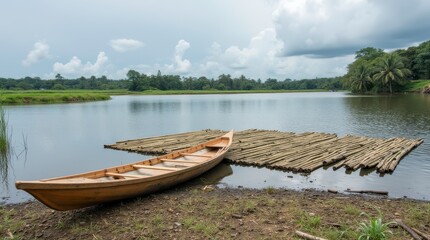 Obraz premium Bamboo Rafts and Wooden Boat at Mulur Reservoir in Sukoharjo, Central Java. Generative AI