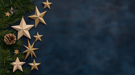 Starry Night Christmas: A festive composition of gold stars and evergreen branches against a deep blue background. Perfect for holiday greetings, invitations, and social media posts. 