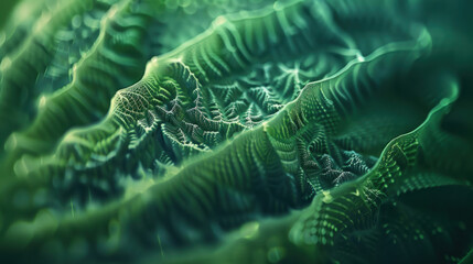 Macro close-up of a green leaf, focusing on minute details and vibrant textures
