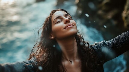Woman with long hair breathes deeply near water