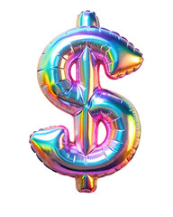 golden neon hollografic foil balloon in the shape of the dollar for birthday party isolated on the white background