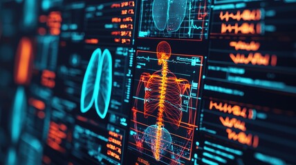 Obraz premium Health warning reporting concept. Digital medical data visualizations display human anatomy and vital signs in a high-tech environment.