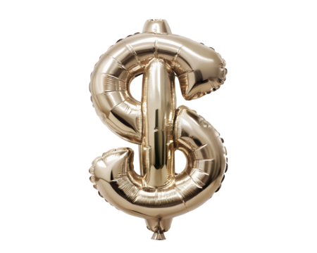 golden neon hollografic foil balloon in the shape of the dollar for birthday party isolated on the white background