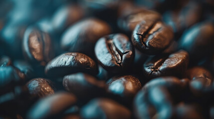 Obraz premium Macro close-up of coffee beans with fine details, capturing rustic textures and earthy hues