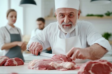 Expert butcher masterfully preparing fresh meat in professional kitchen setting