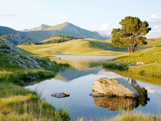 Fototapeta premium Aesthetic balance of moisture in humid nature landscape mountain reflection tranquil environment scenic view