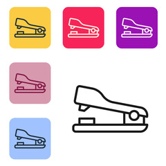 Black line Office stapler icon isolated on white background. Stapler, staple, paper, cardboard, office equipment. Set icons in color square buttons. Vector