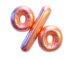 golden neon hollografic foil balloon in the shape of the % sign for birthday party isolated on the white background