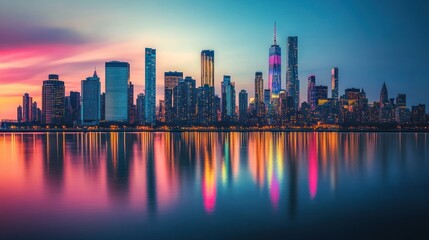 Obraz premium Vibrant city skyline at dusk with colorful reflections on water