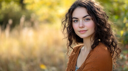 Naklejka premium Young woman with curly hair enjoying a sunny afternoon in a golden field