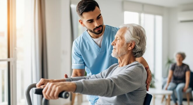 Caregiver Assisting Senior Man with Exercise Equipment