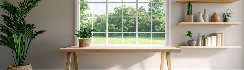 Fototapeta premium Bright home office with large window, wooden desk, and potted plants, creating a peaceful and productive atmosphere.