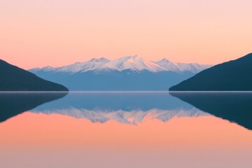 Obraz premium Serene Sunset Over Calm Lake And Snowy Mountains