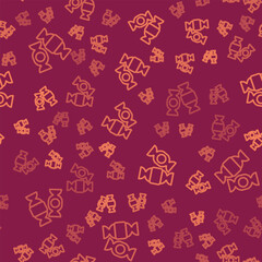 Brown line Candy icon isolated seamless pattern on red background. Merry Christmas and Happy New Year. Vector