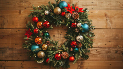Mid-century wreath with bright ornaments and a simple design, perfect for a vintage-inspired holiday