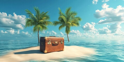 Obraz premium Vintage Suitcase on a Secluded Tropical Island Paradise: A Dream Vacation Escape