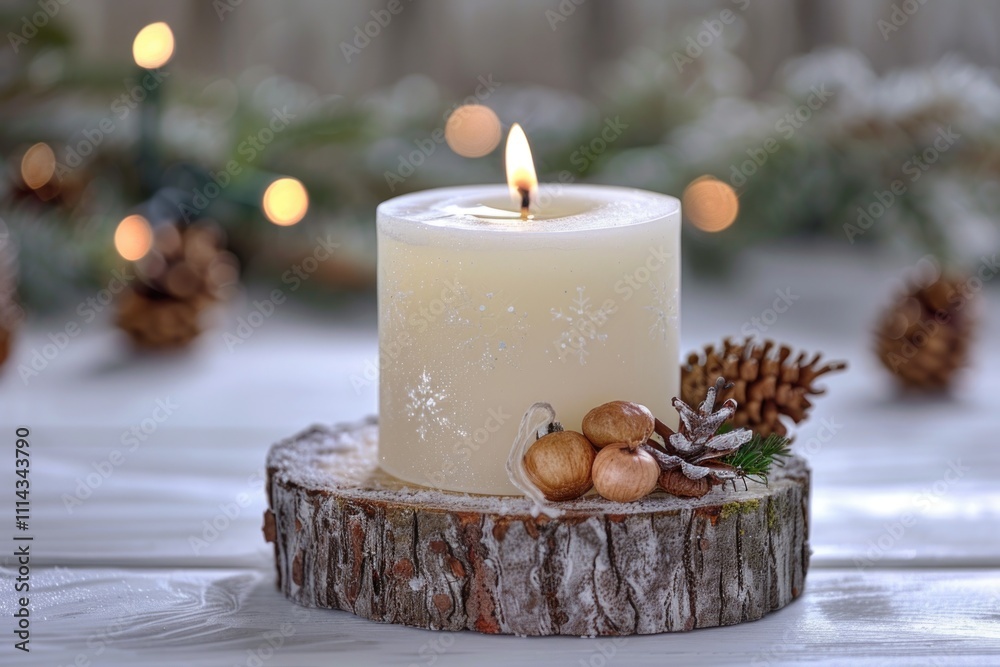 Poster a single lit candle placed on top of a wooden plank, suitable for use as a decorative element or in 