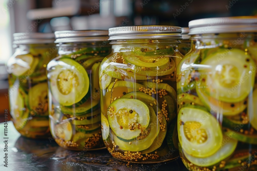 Poster a collection of glass jars filled with pickled cucumbers displayed on a wooden table