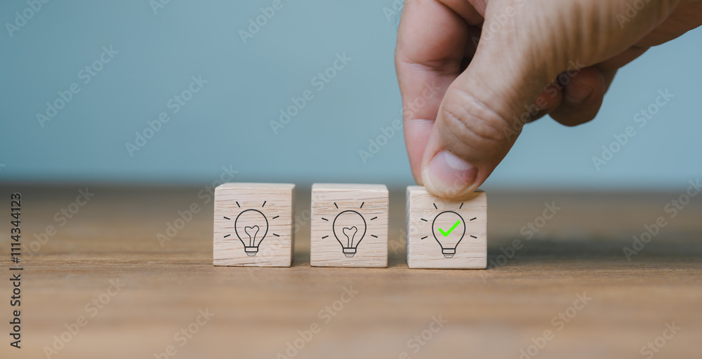 Fototapete concepts of suggestion and consultation.new answer. placing icons of wooden cubes with light bulbs o