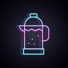 Glowing neon line French press icon isolated on black background. Vector