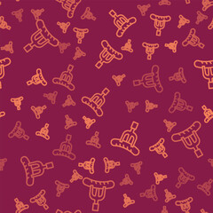 Brown line Sausage on the fork icon isolated seamless pattern on red background. Grilled sausage and aroma sign. Vector