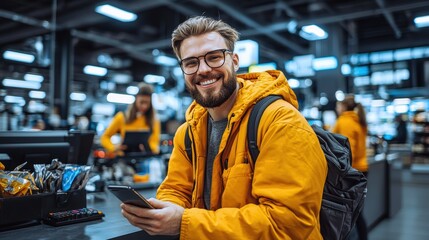 Obraz premium Joyful Male Customer Engaging with Smartphone in Modern Retail Store Urban Environment Candid Moment Technology Usage