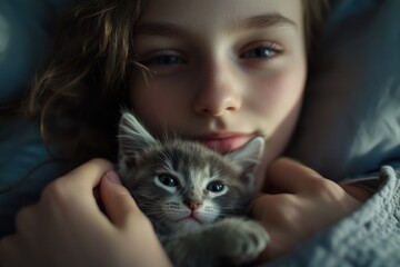 A little girl cradling a kitten in her arms