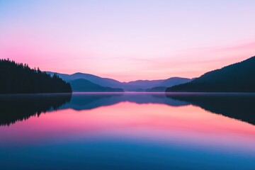 Fototapeta premium Serene Pink Sunset Over Still Mountain Lake