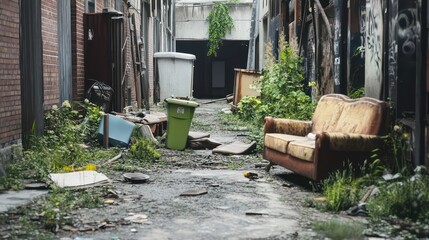 A desolate alleyway with broken furniture, overturned trash cans, and weeds growing through the cracks. © thenort