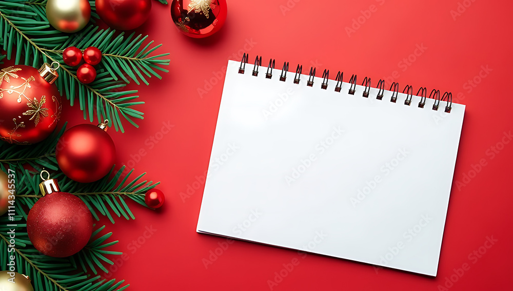Poster vibrant festive scene with christmas ornaments and an empty notebook against a bold red background a
