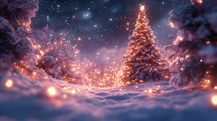 Obraz premium Snow-covered christmas trees with glowing lights under starlit sky in winter wonderland