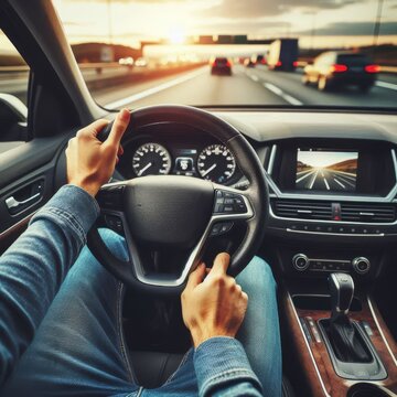 hands of car driver on steering wheel, road trip, driving on highway road
