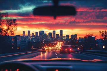 City skyline at sunset viewed from a moving vehicle on a highway