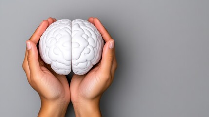 Person is holding a white brain in their hands. The brain is split in half, and the person is holding it up to show its structure. Concept of curiosity and wonder about the brain and its functions