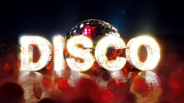 An animated lettering of the word disco made of animated lights and mirrors in an 80s look.